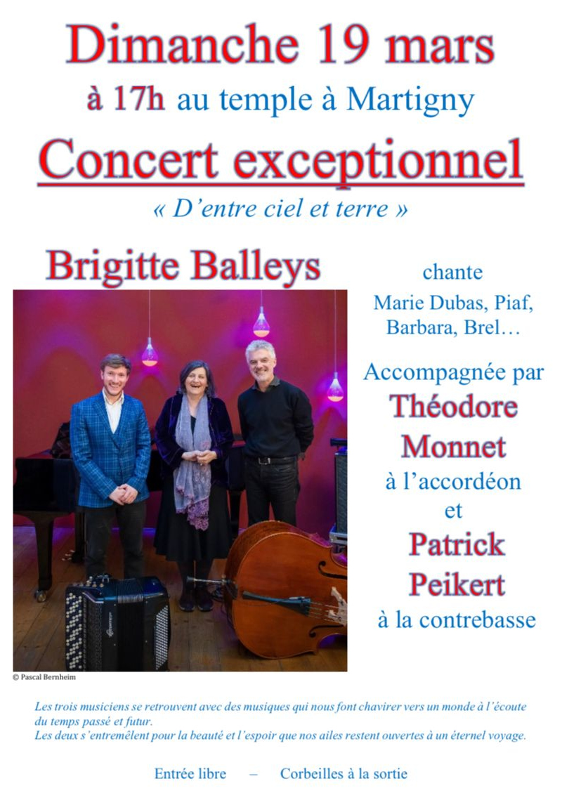 Concert Brigitte Balleys: Marie Dubas, Piaf, Barbara, Brel... Dimanche 19 mars 2023 au temple de Martigny