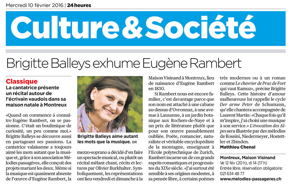 Article 24 Heures du 10 fvrier 2016 : Brigitte Balleys exhume Eugne Rambert